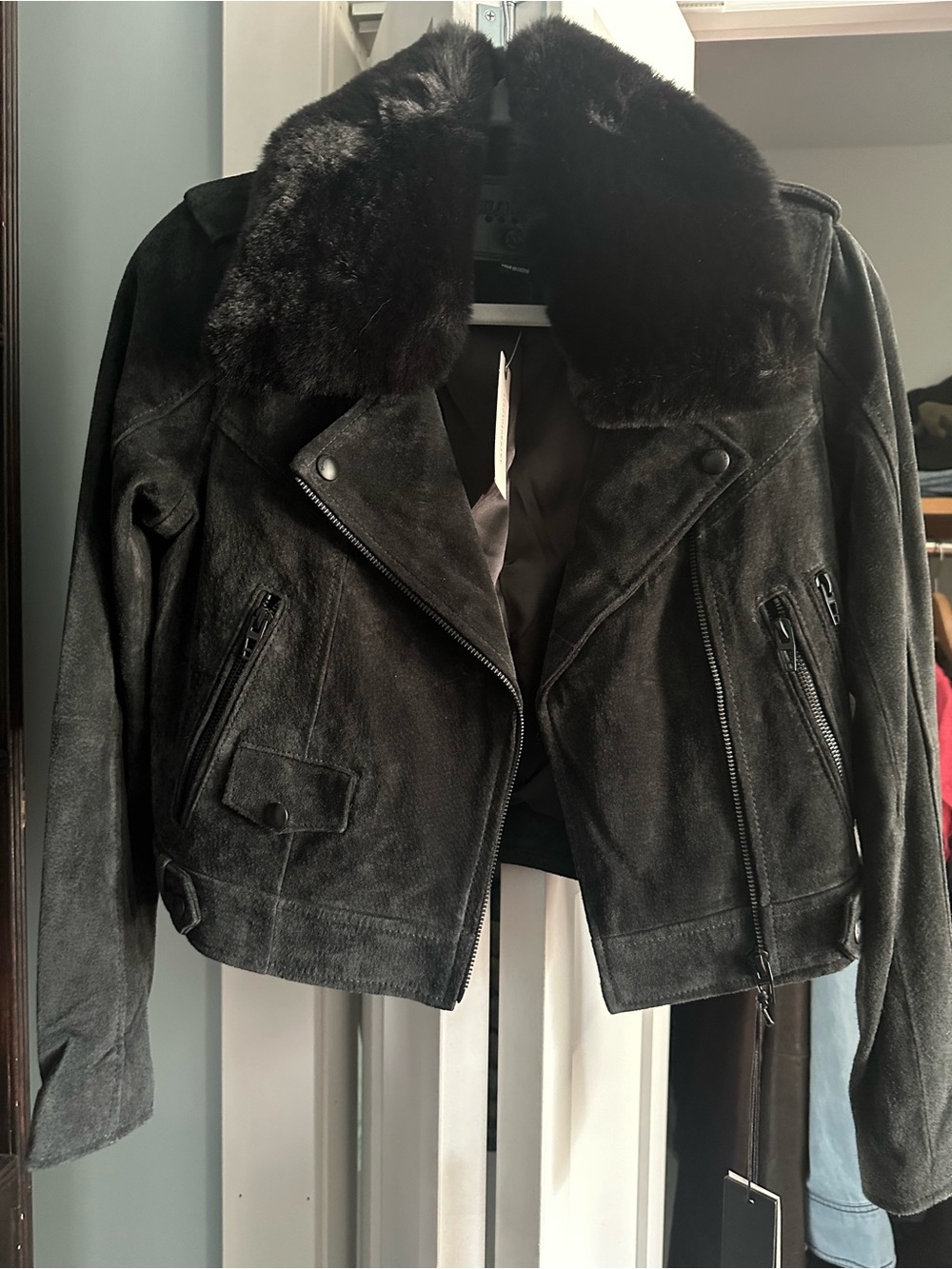 ANTHROPOLOGIE Blank NYC Navy Faux Fur Collar Suede Moto Jacket - Women